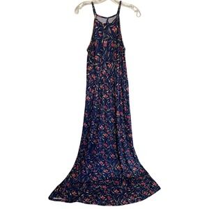 French Grey Halter Crochet‑trim Blue Pink floral‎ Maxi Dress L- EUC